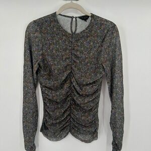 Ted Baker Savannn Floral Mesh Ruched Front Long Sleeve Top Black Multi Size 2